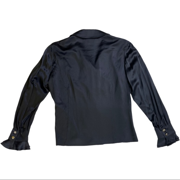 St. John Black Button Ruffle Silk Blouse Shirt 2 - Picture 2 of 11